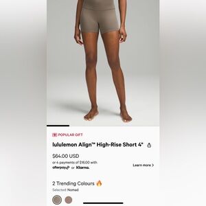 Lululemon perfect align biker shorts size 6 in color Nomad